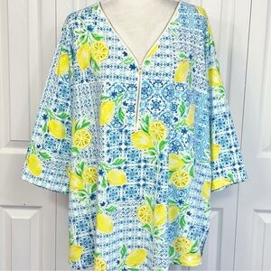 Belle by Kim Gravel Blue & Yellow Multi Lemon Print Zip 3/4 Sleeve Top 3X